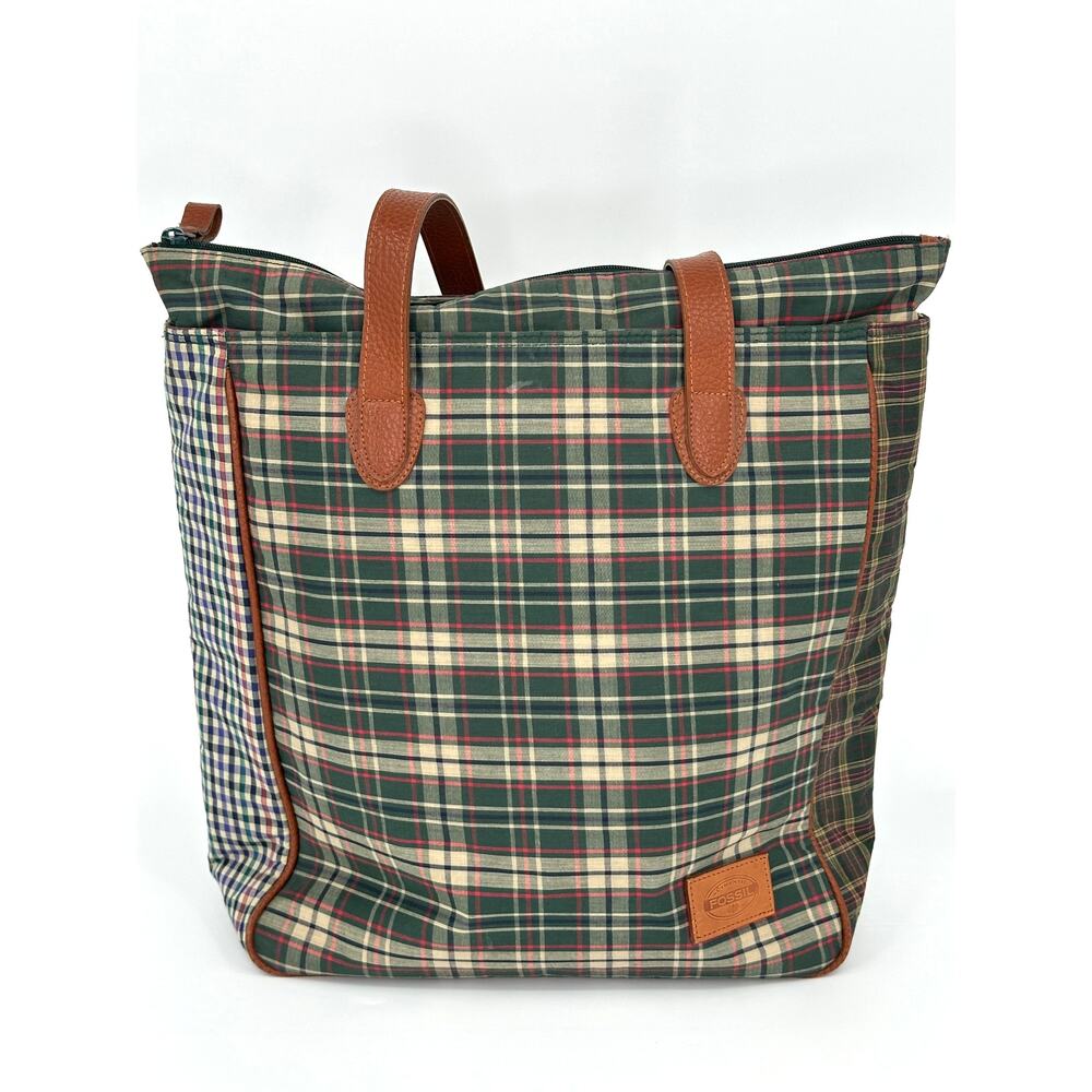 Vintage Fossil Canvas Tote Mixed Plaid Cognac Leather Trim Y2K Zip Top